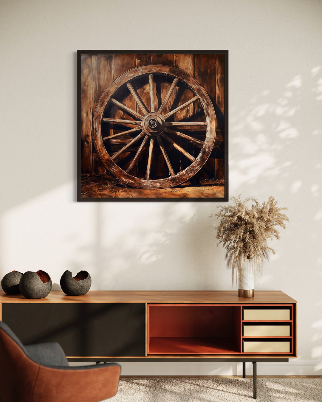 Wagon Wheel Wild West Framed Canvas Wall Art above table