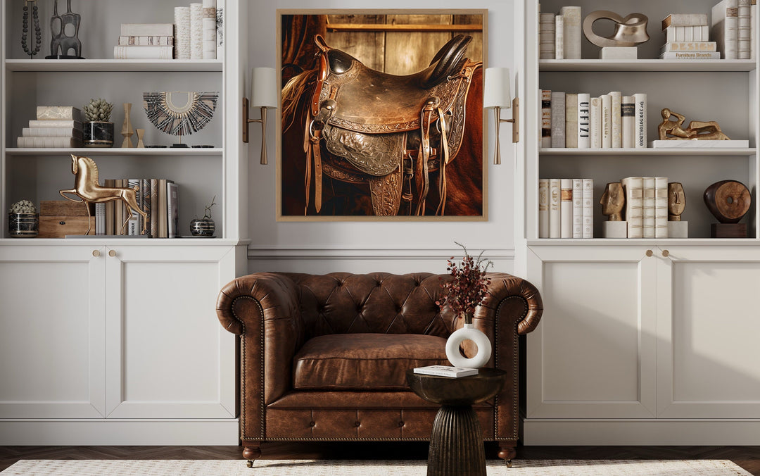 Horse Saddle Framed Canvas Wall Art in the library