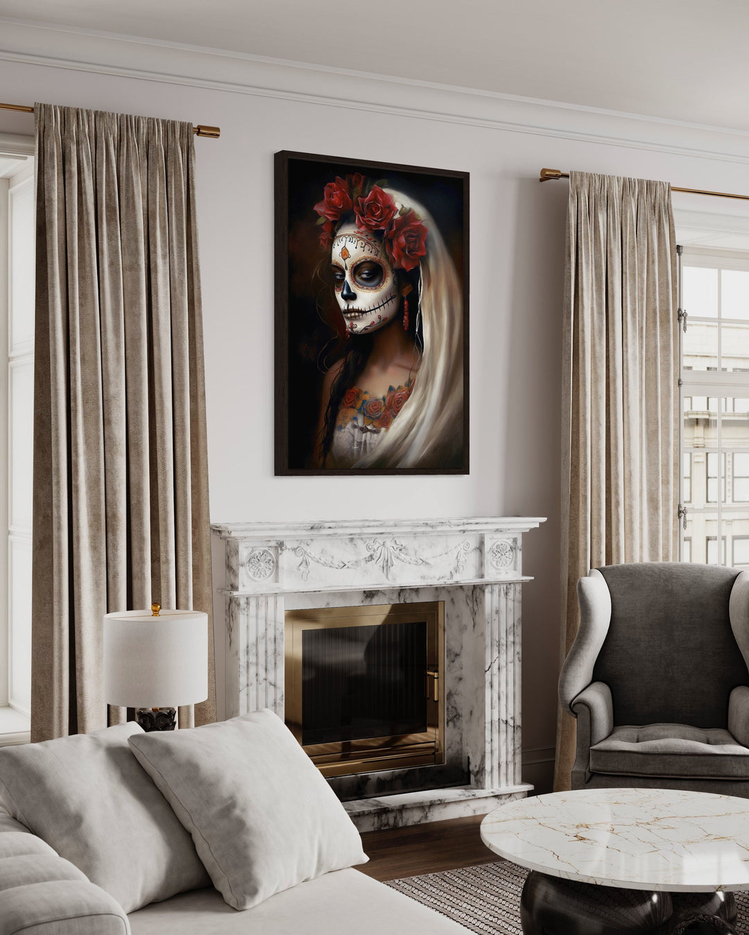 Day of The Dead Woman Sugar Skull Mexican Wall Art above fireplace