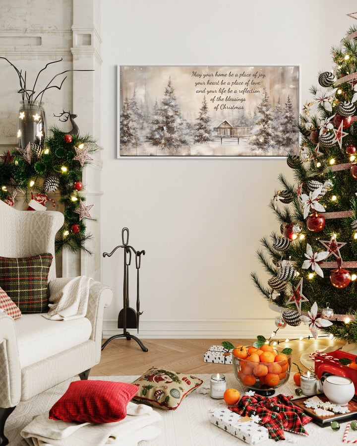 Farmhouse Christmas Eve Sign, Rustic Vintage Christmas Blessing Wall Art in decorated room