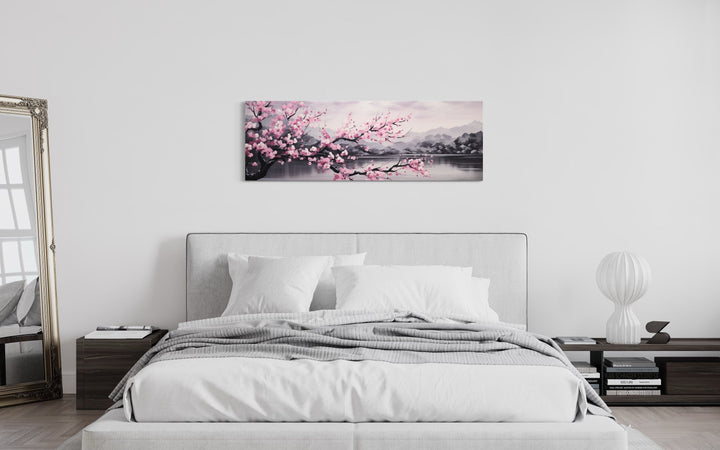 Pink Cherry Blossom On Japanese Landscape Long Horizontal Wall Art above bed