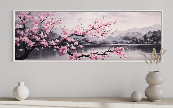 Pink Cherry Blossom On Japanese Landscape Long Horizontal Wall Art close up