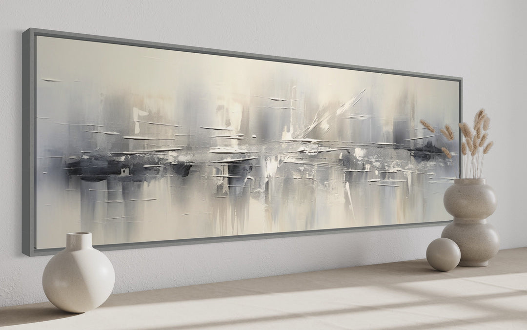 Minimalist Abstract Silver Gray Long Horizontal Living Room Framed Canvas Wall Art side view