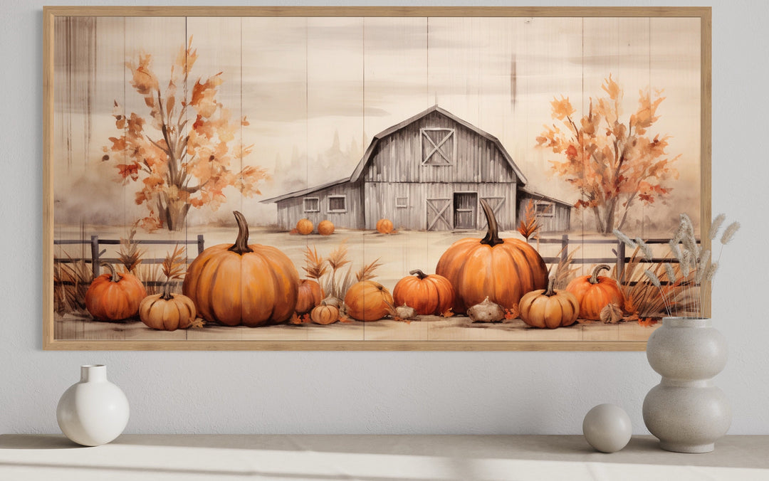 Old Farm Barn And Pumpkin Patch Painting On Wood Framed Canvas Wall Art close up