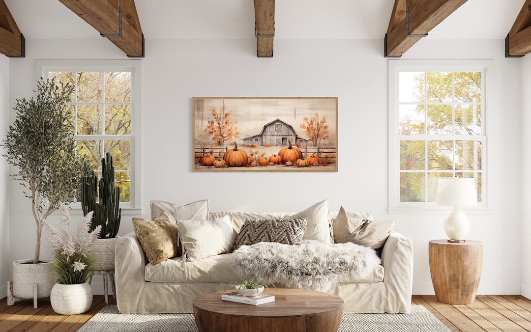 Old Farm Barn And Pumpkin Patch Painting On Wood Framed Canvas Wall Art in living room