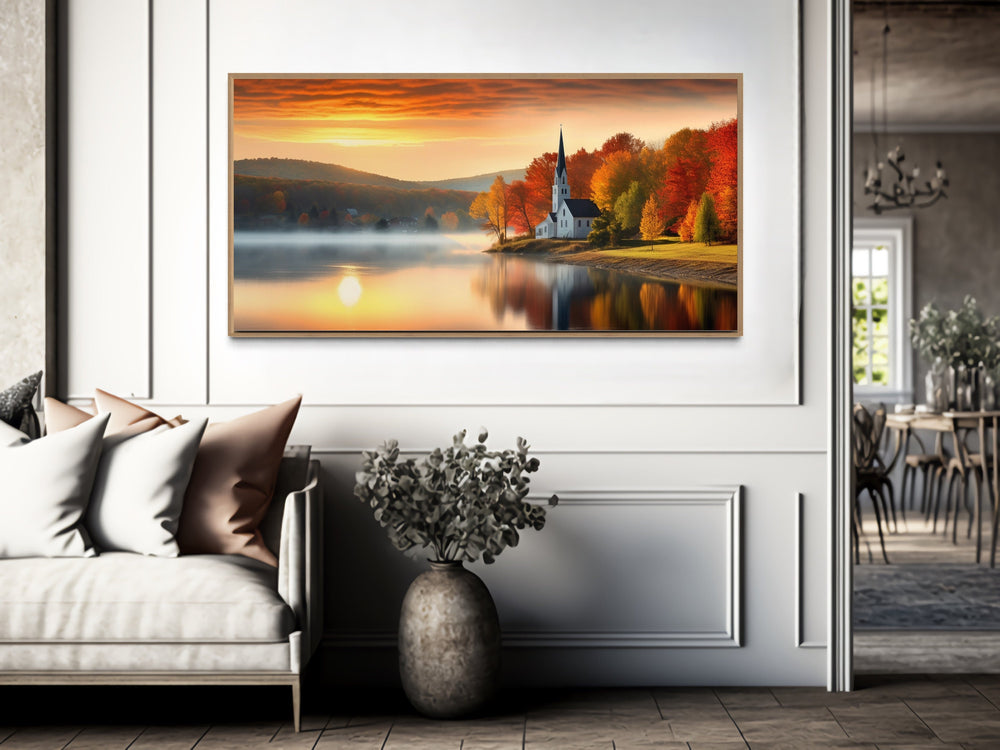 Vermont Church And Lake In The Fall Autumn Wall Art in rustic room