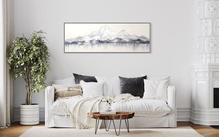 Minimalist Abstract Mountain Horizontal Grey Silver White Over Bed Wall Art