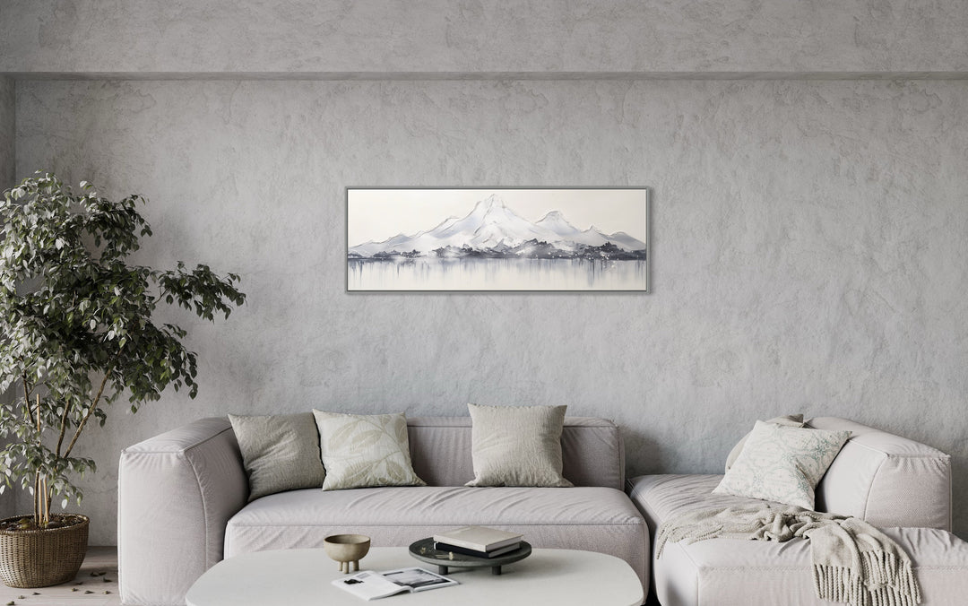 Minimalist Abstract Mountain Horizontal Grey Silver White Wall Art Above couch