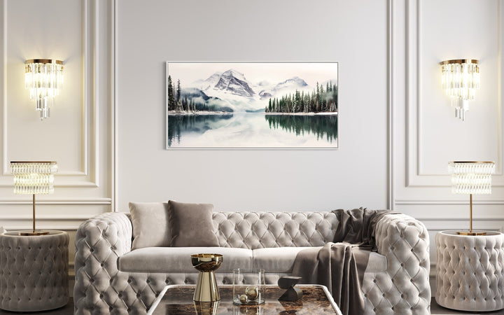 Muted Mountain Lake And Pine Tree Forest Landscape Framed Canvas Wall Art above white couch