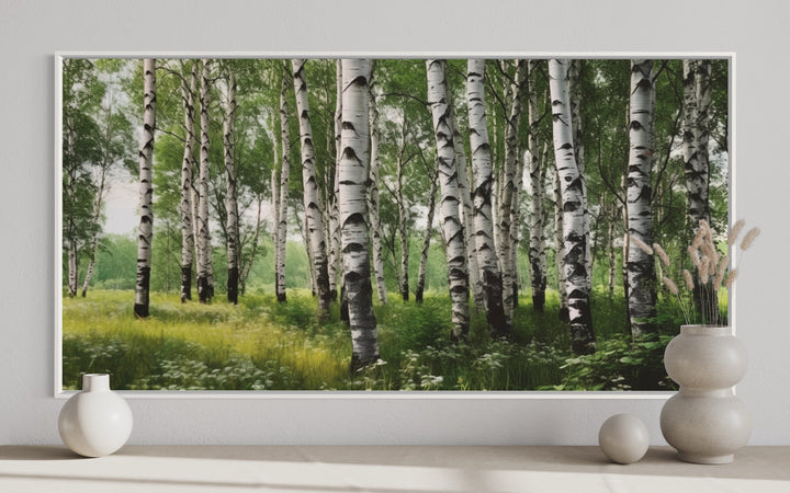 Birch Tree Forest Painting Framed Canvas Wall Art close up