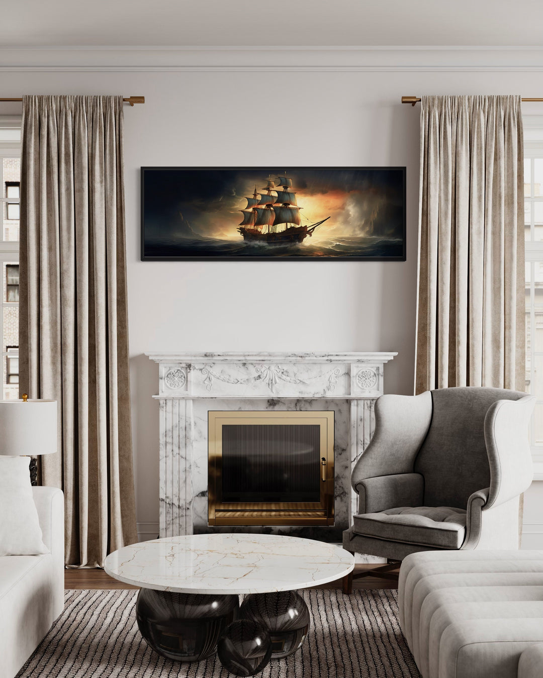 Panoramic Pirate Ship In Ocean Nautical Canvas Wall Art above fireplace