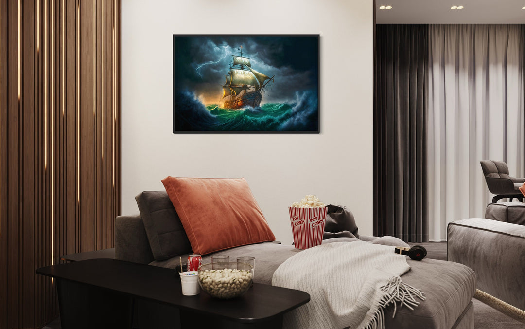 Pirate Ship In Storm Renaissance Style Nautical Framed Canvas Wall Art in man cave