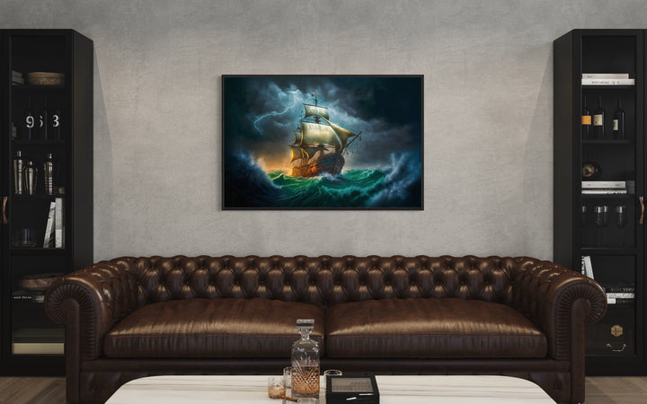 Pirate Ship In Storm Antique Style Nautical Framed Canvas Wall Art