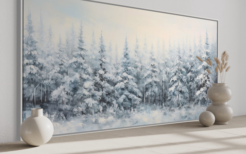 Pine Trees In Winter Snow Covered Forest Framed Canvas Wall Art side view