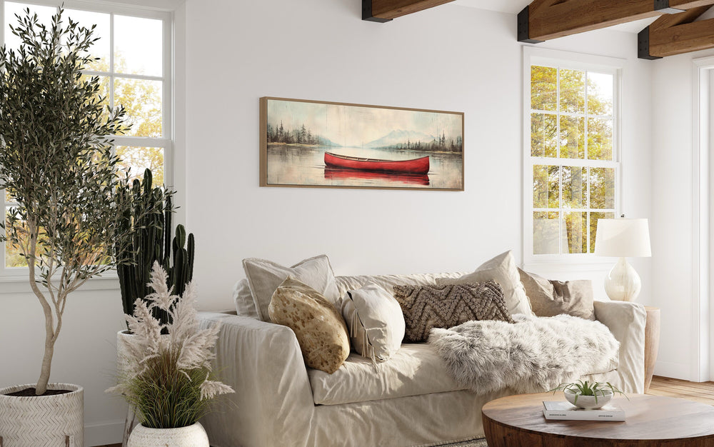 Rustic Red Canoe In The Lake Painted On Wood Canvas Art "Scarlet Drift" over beige couch