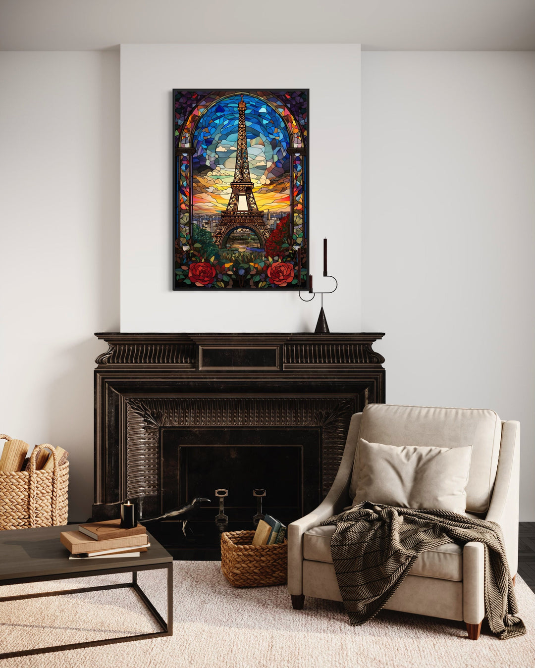 Eiffel Tower Stained Glass Style Framed Canvas Wall Art above fireplace
