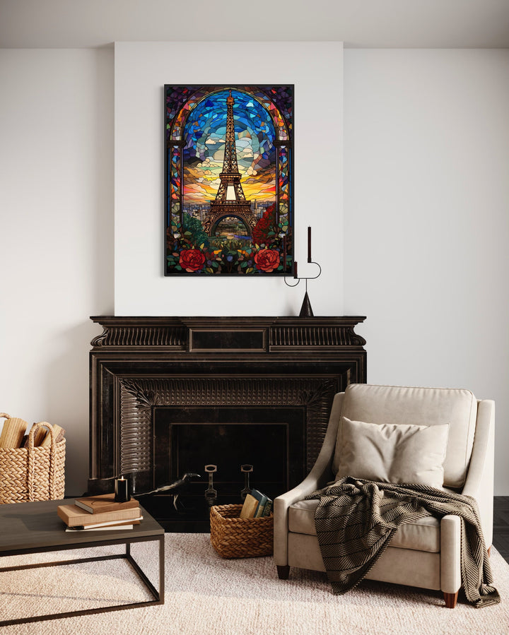 Eiffel Tower Stained Glass Style Framed Canvas Wall Art above fireplace