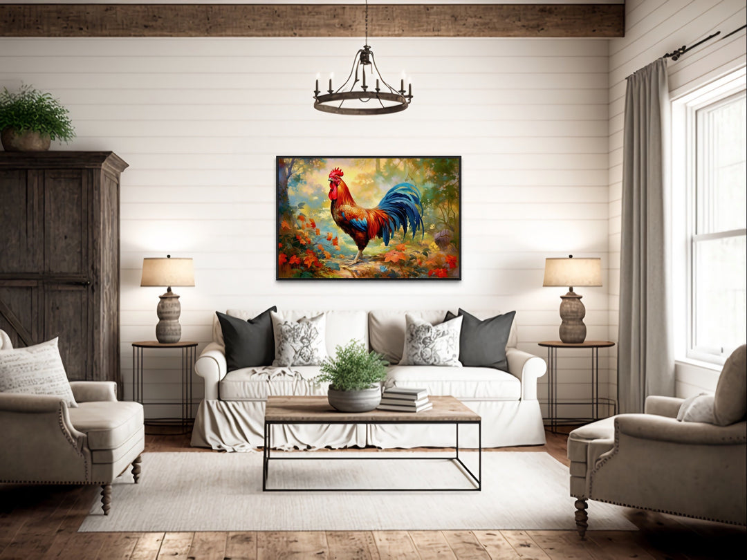 Colorful Rooster Painting Framed Farmhouse Canvas Wall Art in farmhouse