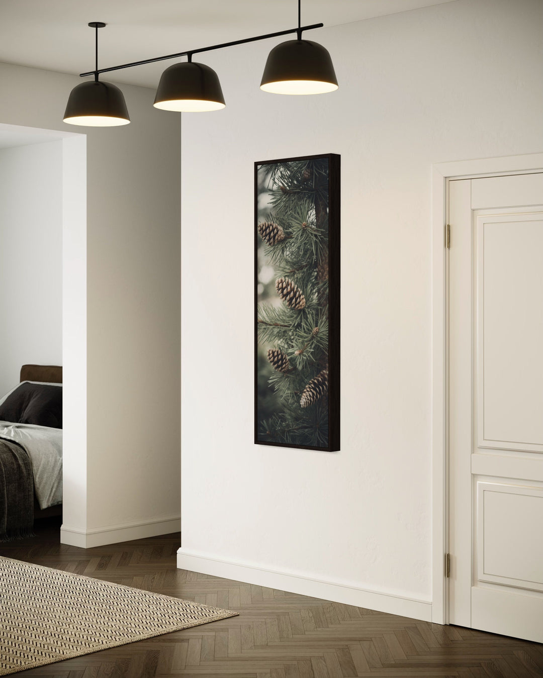 Tall Narrow Pine Tree Vertical Framed Canvas Wall Art in living room