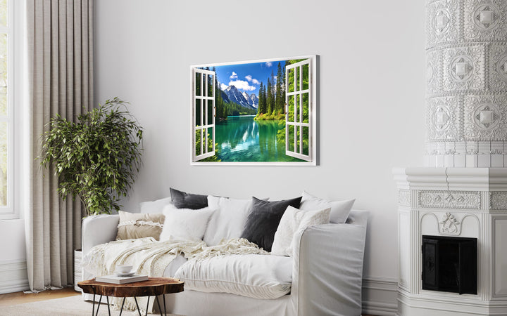 Mountains And Emerald Lake Fake Window View Wall Art above couch