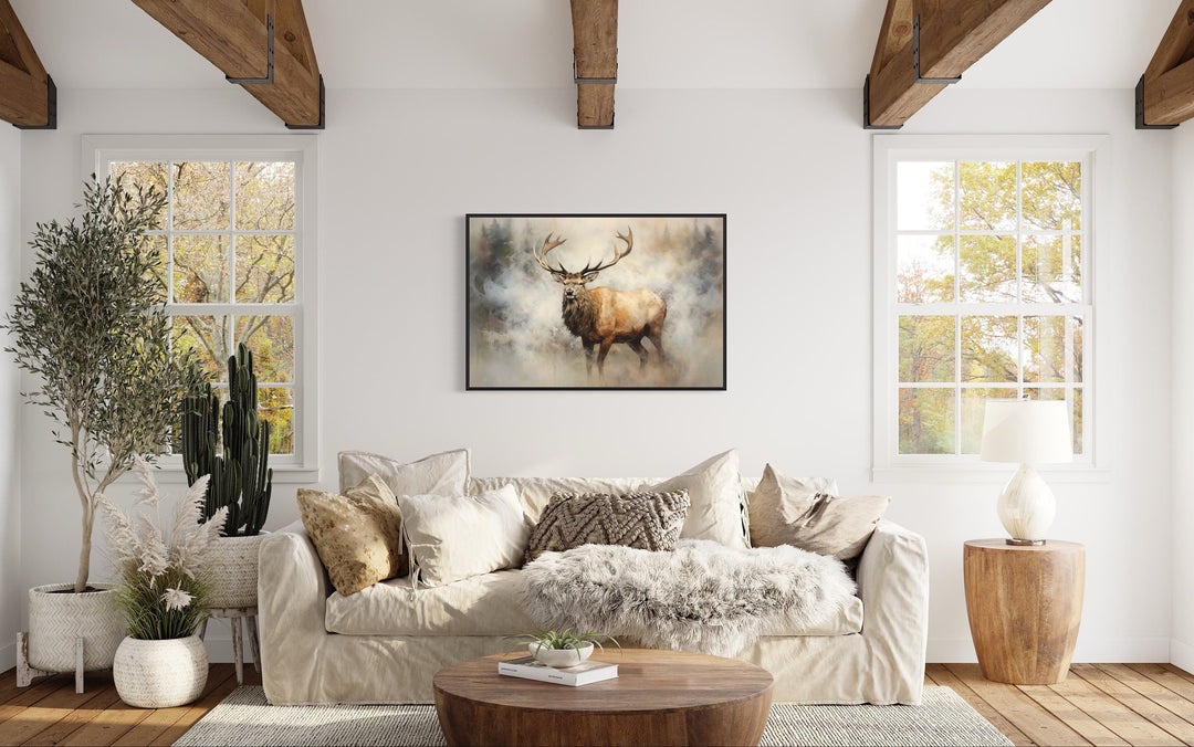 Elk In Smokey Forest Canvas Wall Art