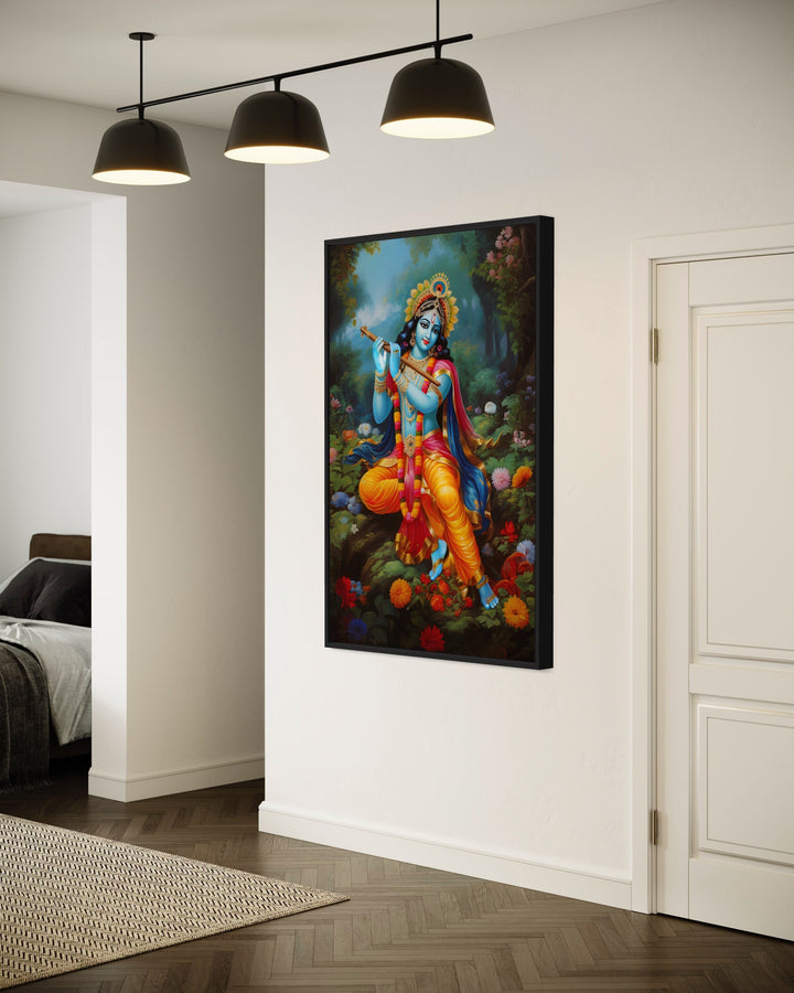 Lord Krishna Playing Flute in Vrindavan Forest Indian Framed Canvas Wall Art
