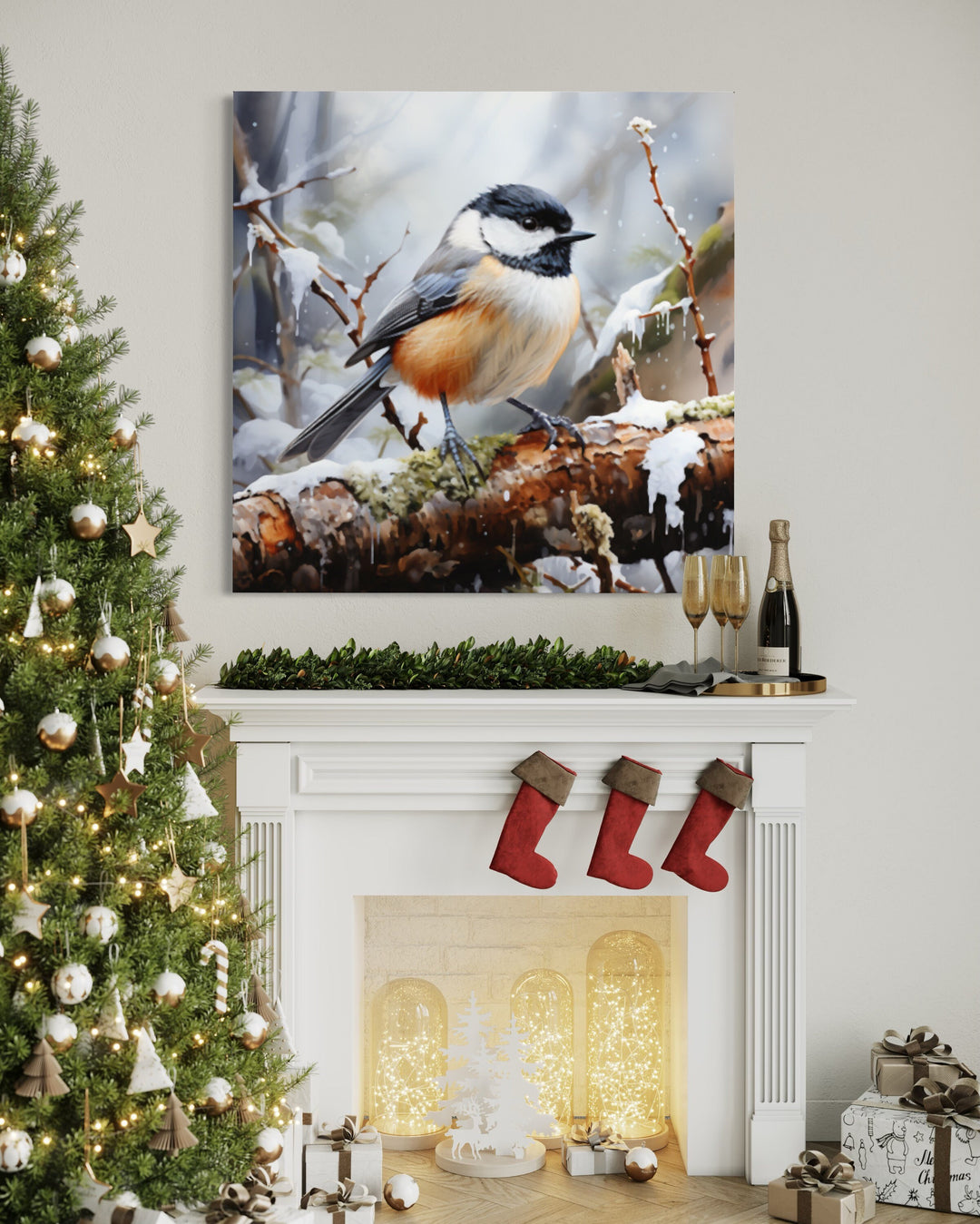 Chickadee In Snow Framed Canvas Wall Art above christmas matel