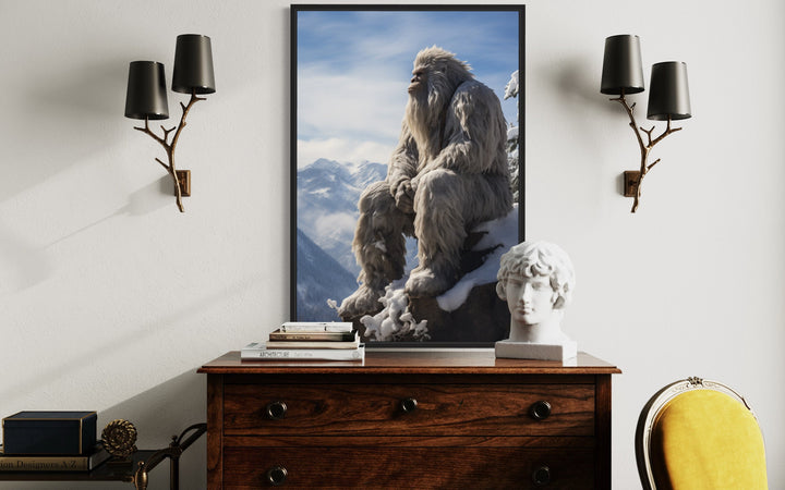 Bigfoot In Snowy Mountains Framed Canvas Wall Art