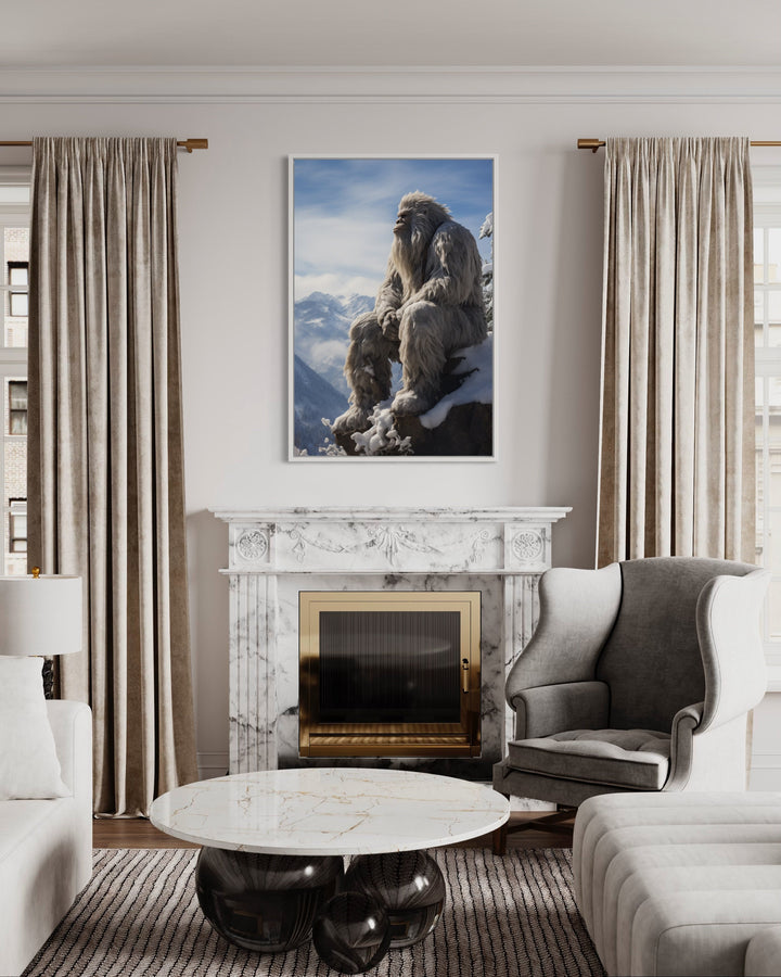 Bigfoot In Snowy Mountains Framed Canvas Wall Art above fireplace