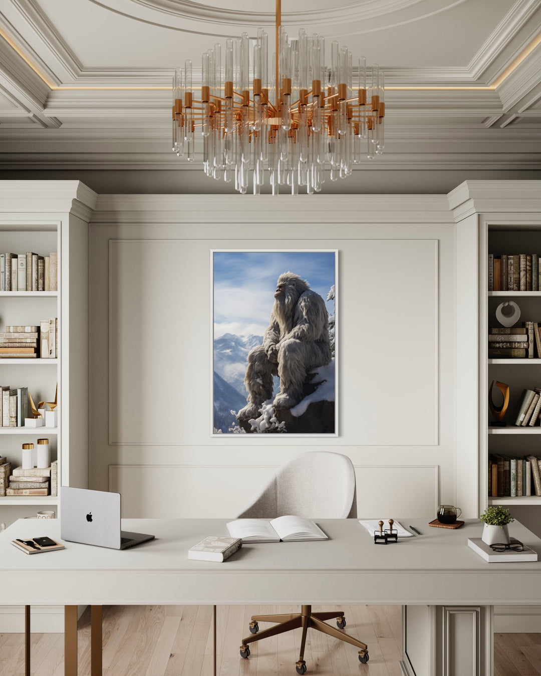 Bigfoot In Snowy Mountains Framed Canvas Wall Art in the office