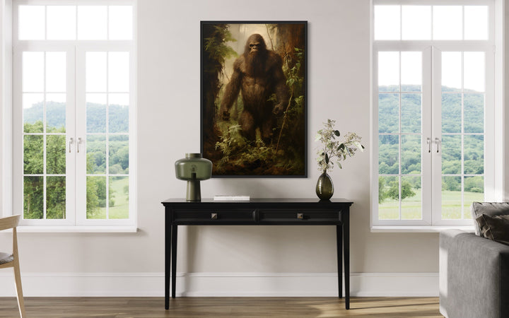 Bigfoot In The Forest Framed Canvas Wall Art in living room