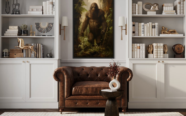 Bigfoot In The Forest Framed Canvas Wall Art above armchair