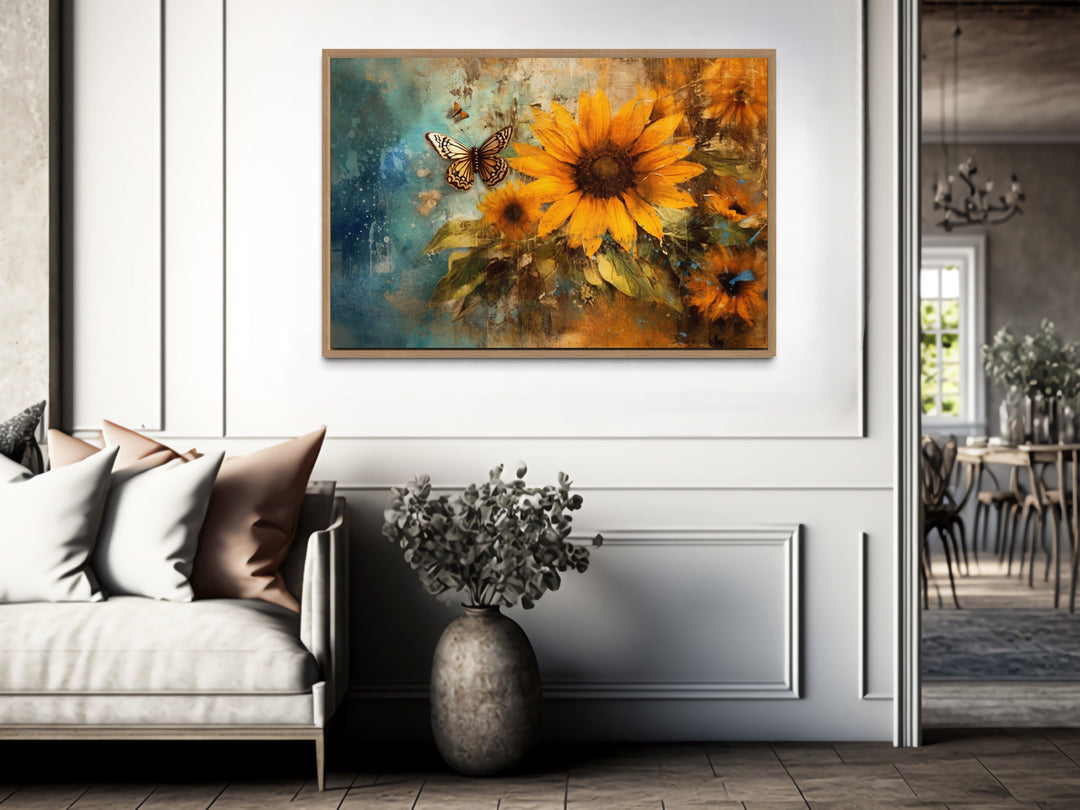 Rustic Sunflower And Butterfly Painting Farmhouse Framed Canvas Wall Art