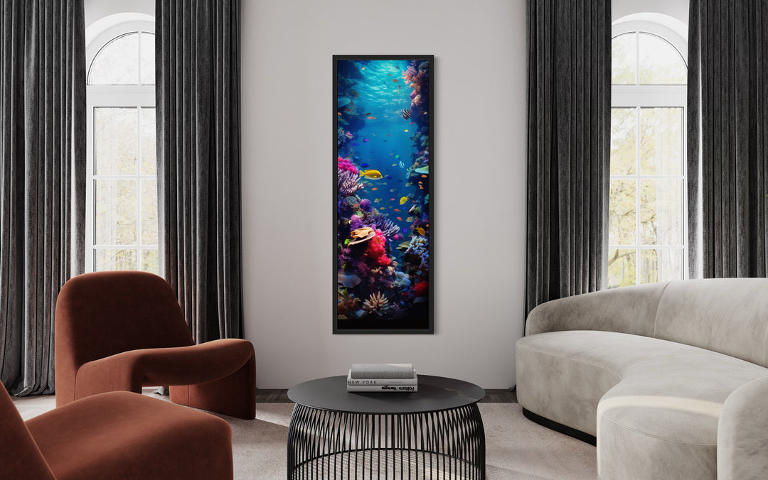 Tall Narrow Vertical Underwater Coral Reef With Tropical Fish Framed Canvas Wall Art