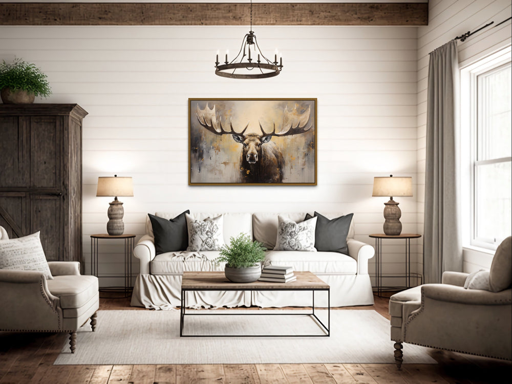 Moose Painting Neutral Beige Cabin Decor Framed Canvas Wall Art in cabin