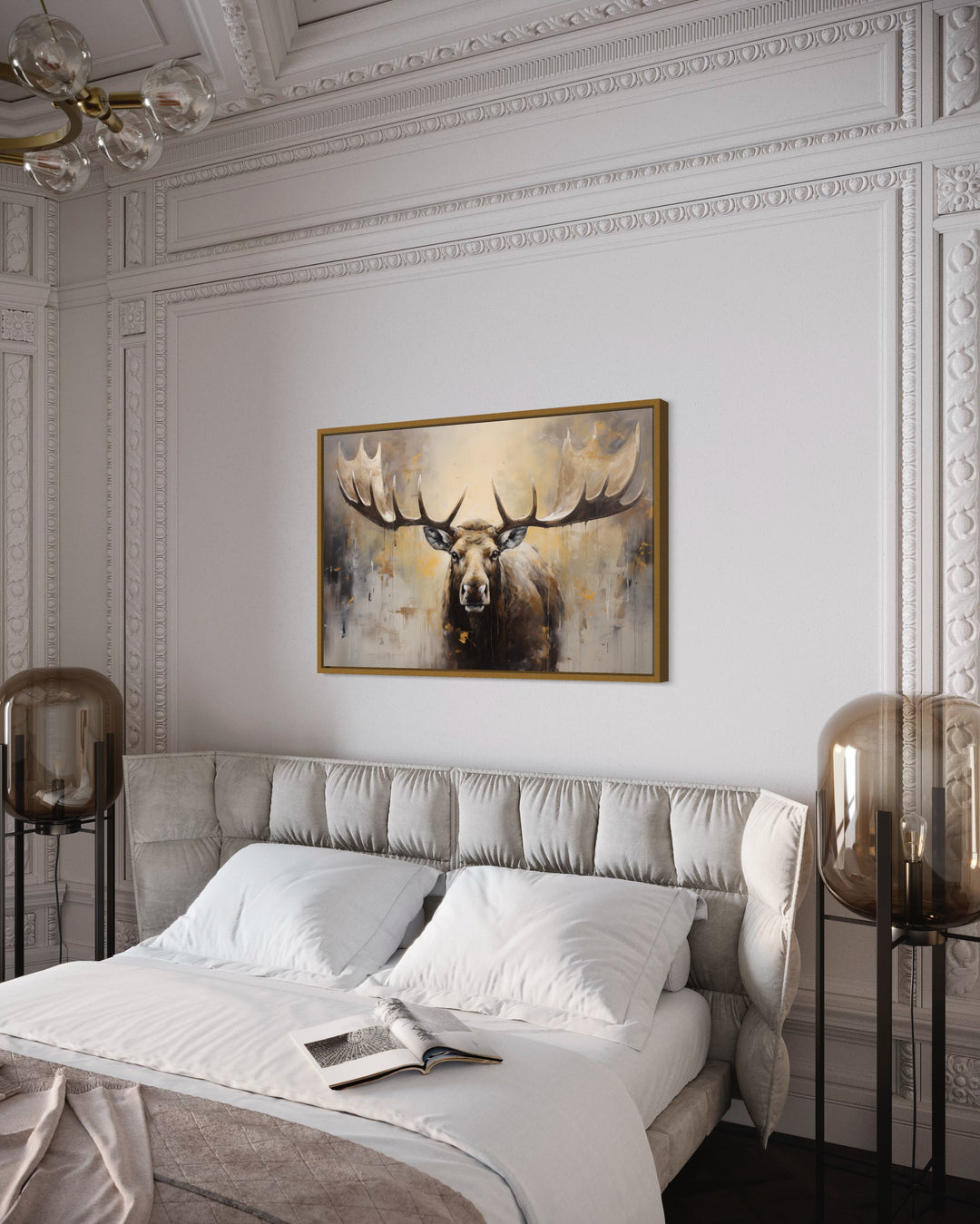 Moose Painting Neutral Beige Cabin Decor Framed Canvas Wall Art above bed