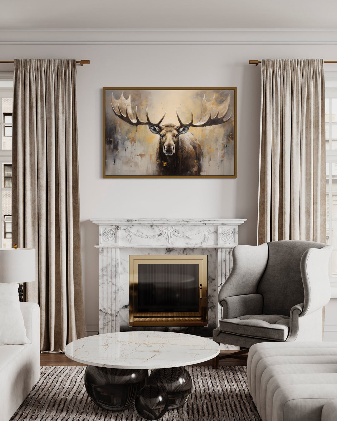 Moose Painting Neutral Beige Cabin Decor Framed Canvas Wall Art above fireplace