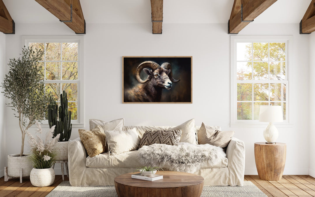 Bighorn Sheep Portrait Framed Canvas Wall Art in living room