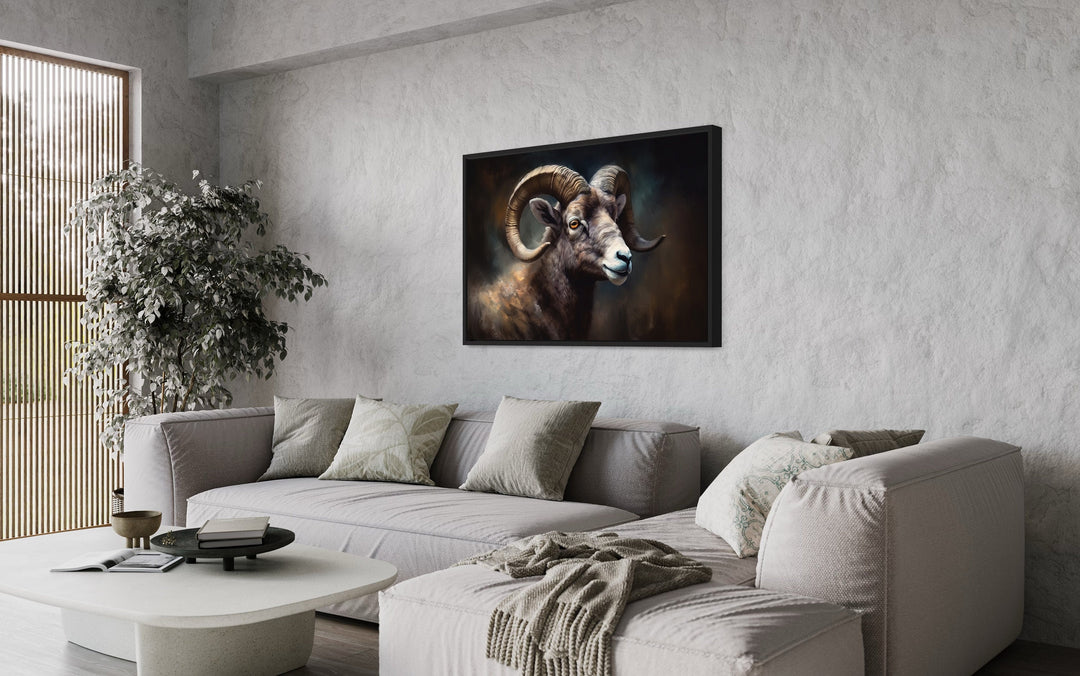 Bighorn Sheep Portrait Framed Canvas Wall Art above grey couch