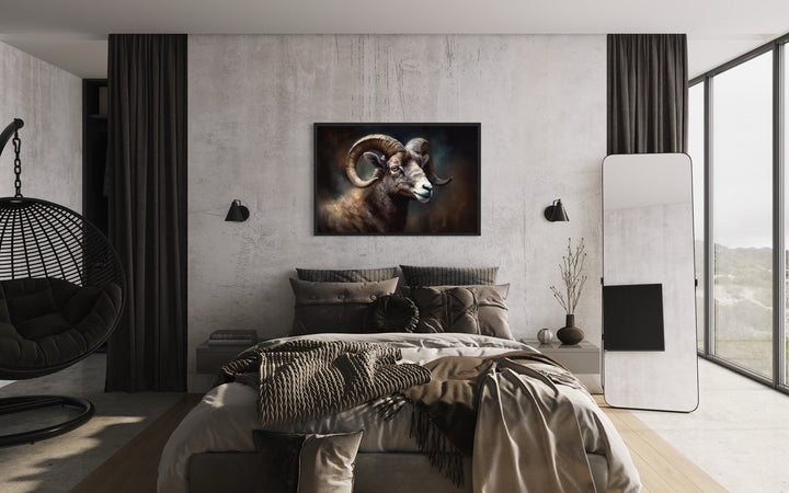 Bighorn Sheep Portrait Framed Canvas Wall Art above bed