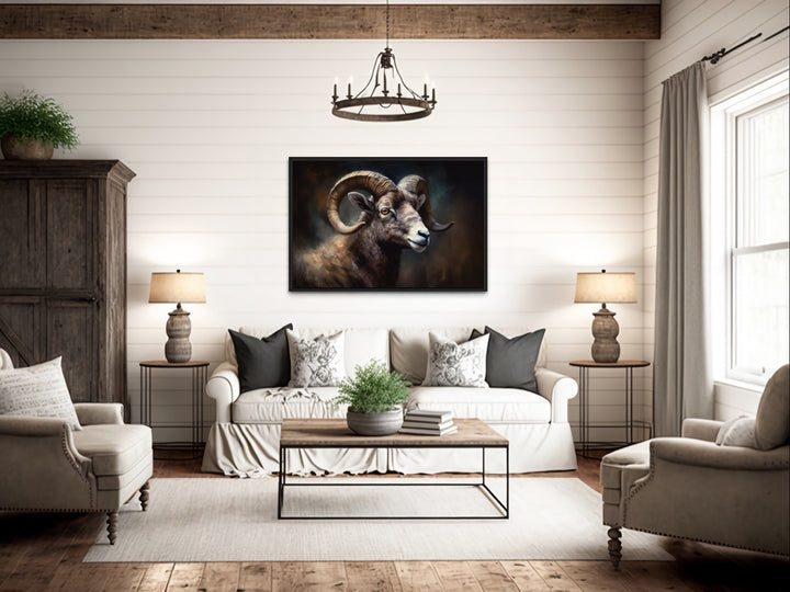 Bighorn Sheep Portrait Framed Canvas Wall Art in rustic living room