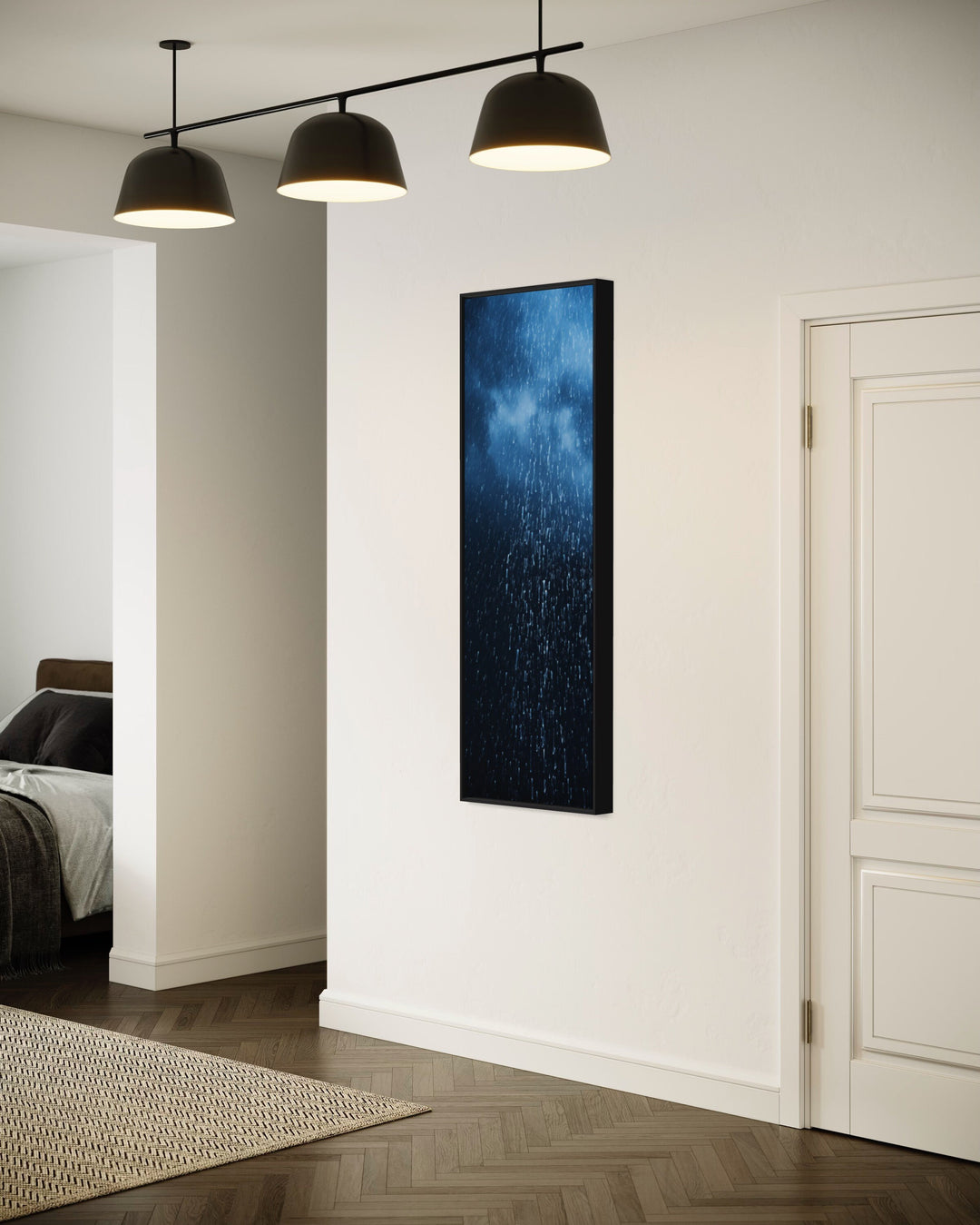 Tall Narrow Navy Blue Rain Vertical Wall Art in modern living room