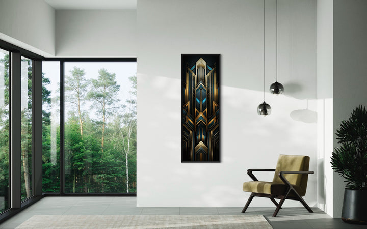 tall Narrow Art Deco Gold Black Blue Vertical Wall Art in entrance hall in large living room