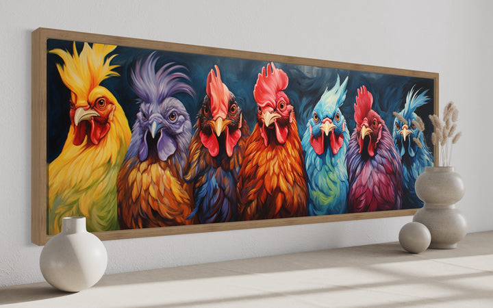 Colorful Roosters And Chickens Horizontal Farmhouse Wall Art side view