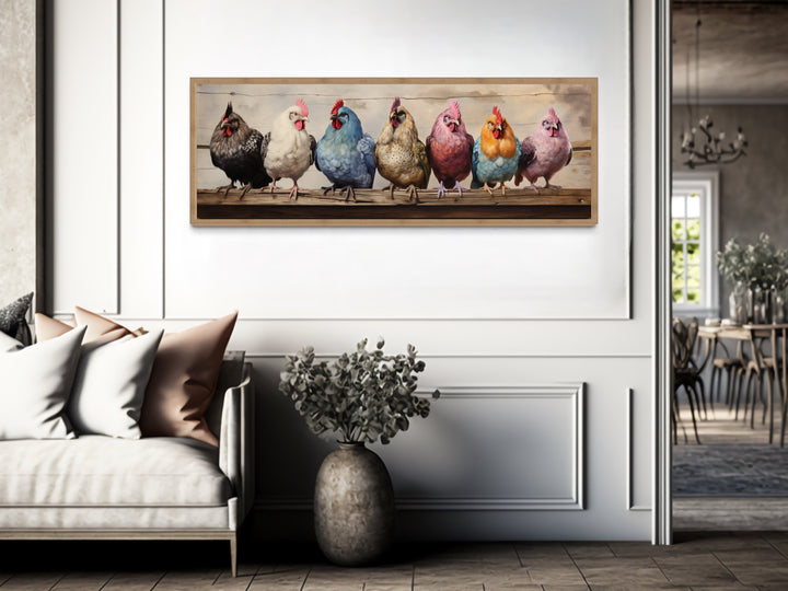 Colorful Perched Chickens Panoramic Rustic Farmhouse Kitchen Wall Art