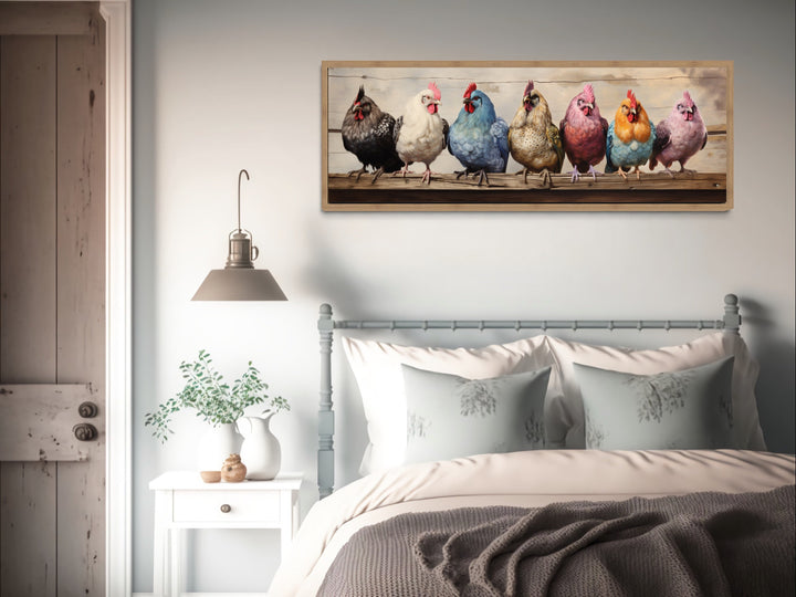 Colorful Perched Chickens Panoramic Rustic Farmhouse Kitchen Wall Art above bed