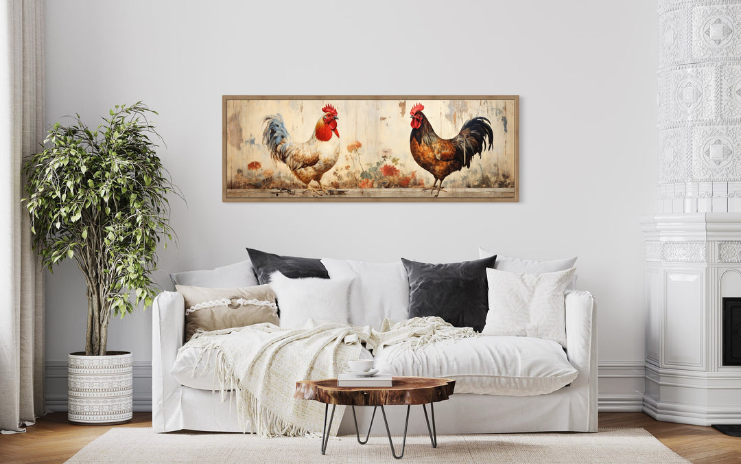 Roosters Wall Art Rustic Farmhouse Horizontal Wall Art above couch