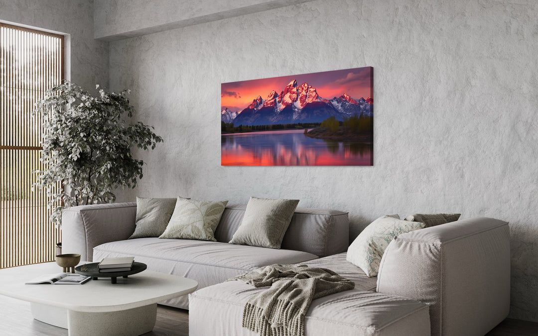 Grand Teton Rocky Mountains Landscape Wall Art above grey couch