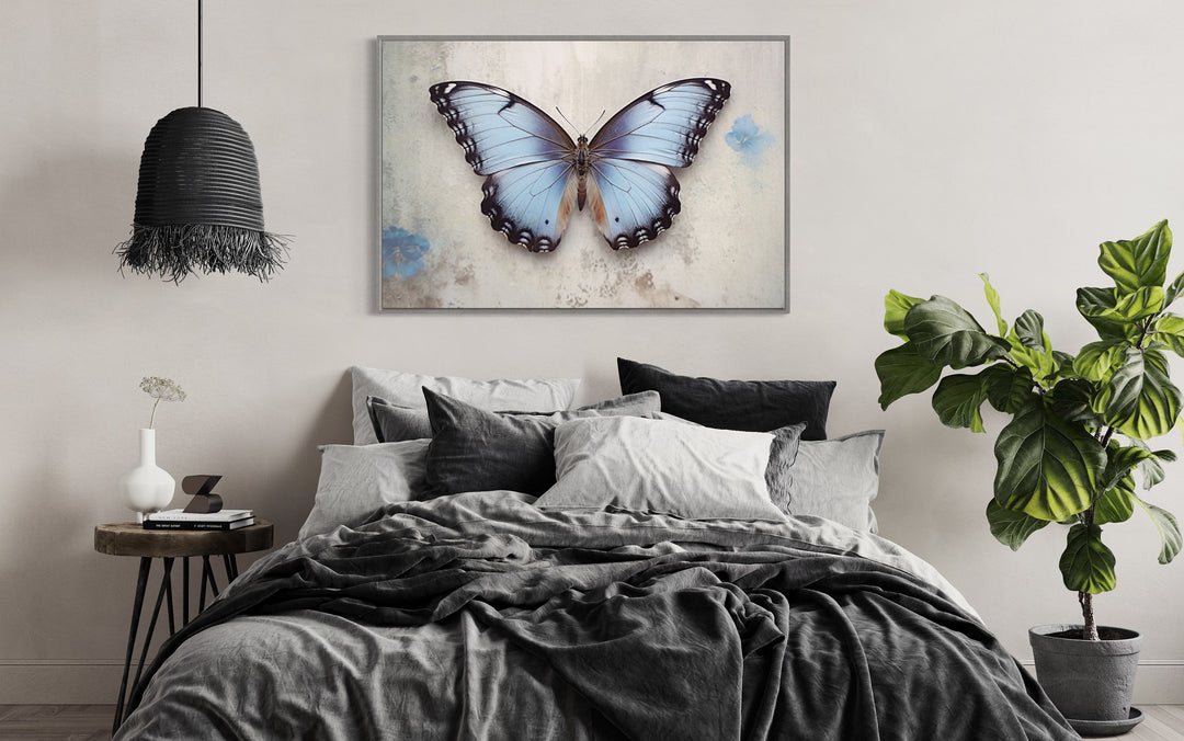 Blue Butterfly Rustic Framed Canvas Wall Art in bedroom