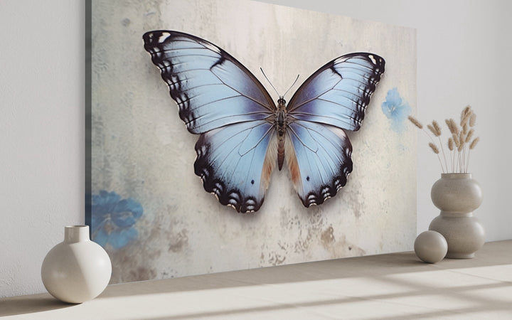 Blue Butterfly Rustic Framed Canvas Wall Art side view